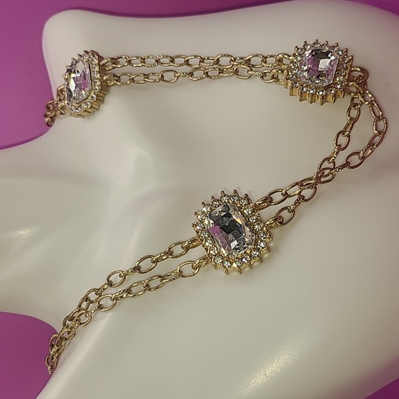 Gold tone double chain long necklace with faux diamonds - Picture 1 of 10
